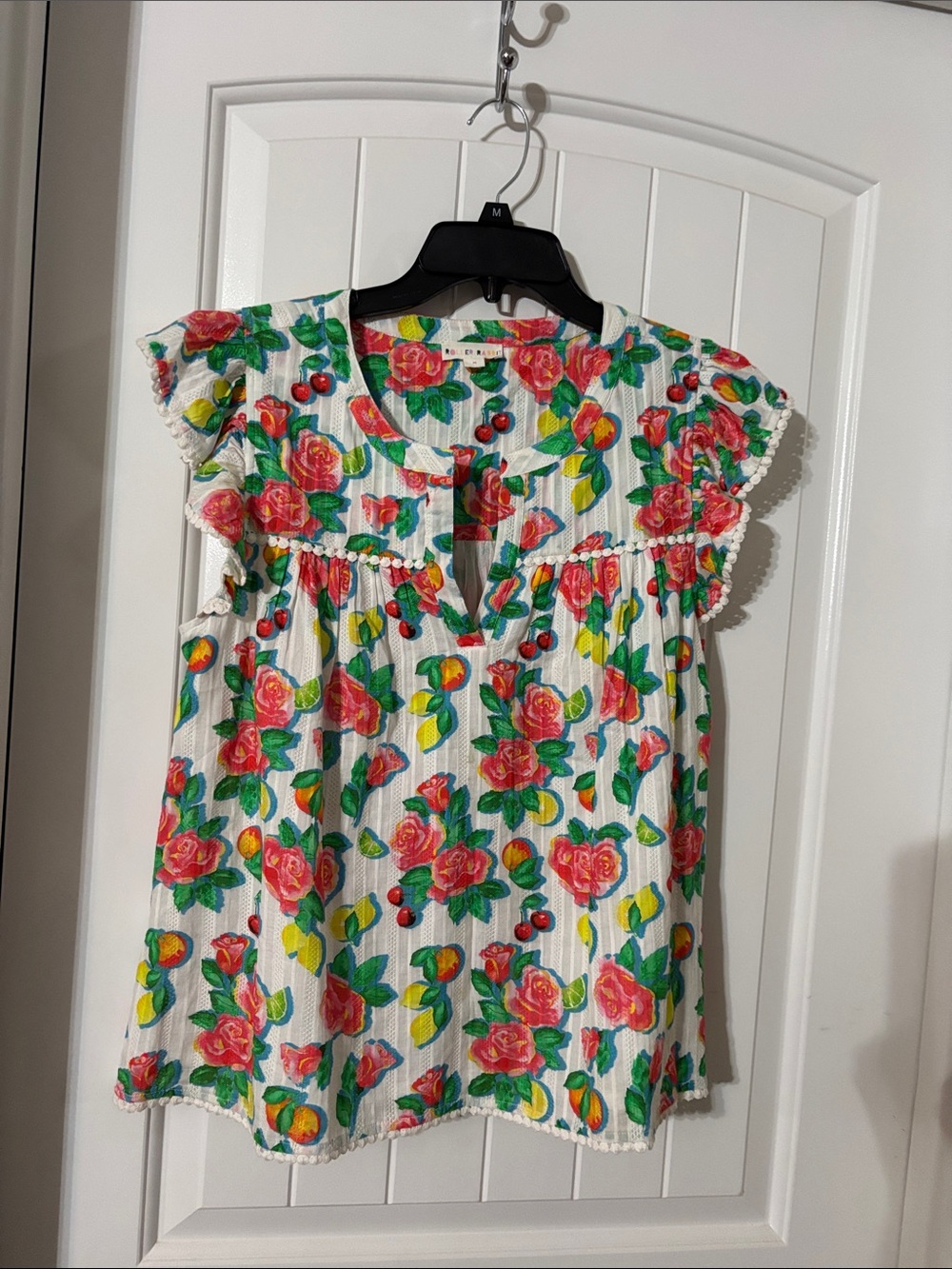 Roller Rabbit White Floral Peplum Blouse with Pink Roses & Green Leaves